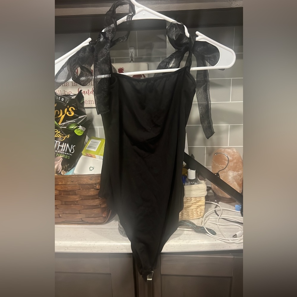 Black body suit with tule ties